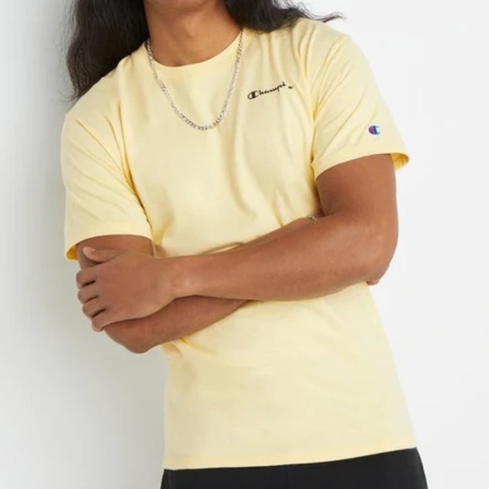 Champion Mens Classic Script And Circle Logo Graphic T-Shirt Sunbeam Glow